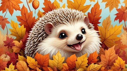 Illustration for children, cute hedgehog collecting supplies for winter