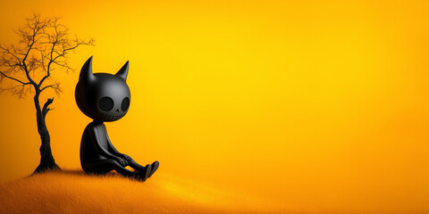 Minimalist illustration featuring a black cartoon figure with horns sitting under a bare tree on a grassy hill.The bright orange background creates a contrast with the dark figure,isolation and calm.