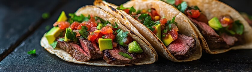 Three delicious steak tacos topped with fresh avocado, diced tomatoes, and cilantro are placed on a dark background ideal for marketing campaigns, food blogs