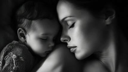 Sticker - A Mother and Her Sleeping Baby Close Up Black and White Portrait