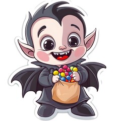 Adorable Cartoon Vampire Bat Holding Bag of Halloween Candies