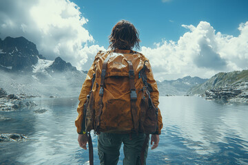 Poster - A young traveler setting out on a journey with a backpack, full of excitement for the unknown. Concept of adventurous optimism and discovery.