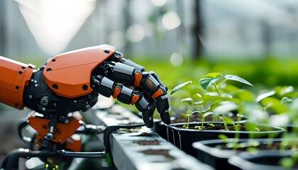 Futuristic agricultural innovation with robotic hand nurturing young seedlings