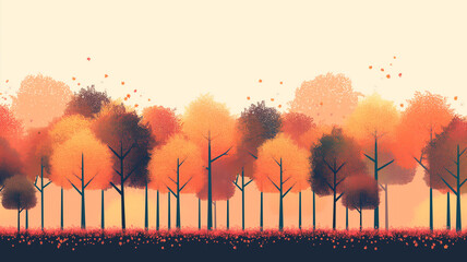 Autumn forest abstract landscape flat illustration, golden and brown fall trees in row