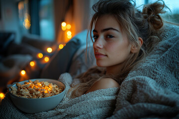 Canvas Print - A person watching cartoons with a bowl of cereal, enjoying the nostalgia. Concept of indulging in childhood routines and comfort.