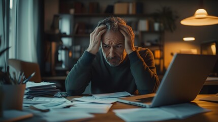 Stressed office worker sitting at a desk, surrounded by paperwork and holding his head in frustration.