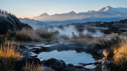 A tranquil mountain hot spring nestled between rocks with steam rising into the crisp morning air and a view of distant peaks.