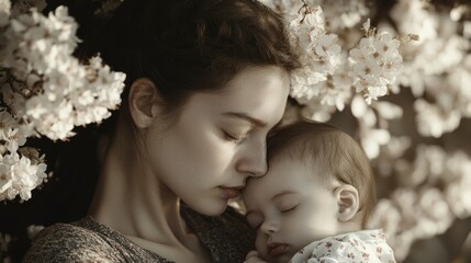 Canvas Print - A mother cradles her sleeping baby while surrounded by blooming white flowers.