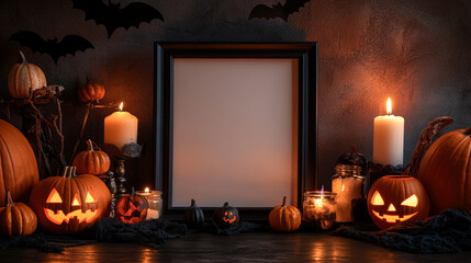 Wall Mural - A black frame sits on a table with pumpkins, bats, and candles. It's a blank space perfect for adding your own spooky Halloween design.