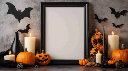 Wall Mural - A black frame sits on a table with pumpkins, bats, and candles. It's a blank space perfect for adding your own spooky Halloween design.