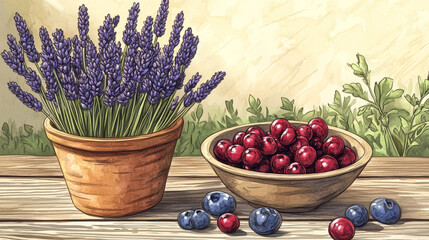 Wall Mural - A drawing shows a pot of lavender flowers and a bowl of berries on a wooden table.