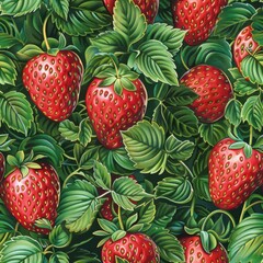 a painting of a bunch of strawberries with leaves