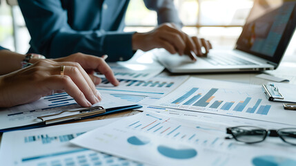 Wall Mural - 
a close-up of a work desk. A person is typing on a laptop, and there are some documents with pie charts and bar graphs on the desk