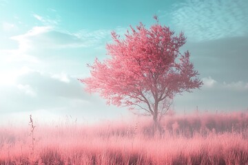 Wall Mural - Pink tree in a pink field with blue sky and white clouds. Surrealistic and dreamy landscape with soft lighting and blurred background.