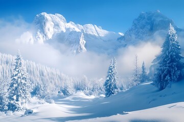 Wall Mural - Snowy mountain landscape with pine trees and fog in winter. Perfect for a winter wonderland background