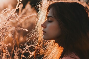 Canvas Print - Beautiful woman with long brown hair, closed eyes, golden light, and nature background