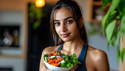 Attractive Indian woman enjoying a healthy salad after workout, radiating fitness and vitality in sportswear at home