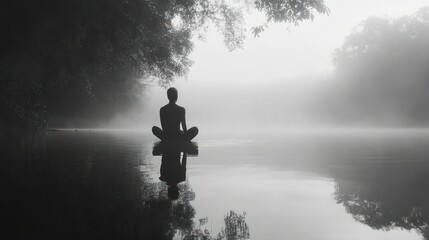 Wall Mural - A Solitary Figure Meditating on a Misty Lake