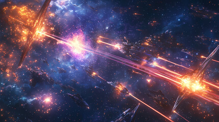 Wall Mural - epic space battle between starships, with laser beams, explosions, and futuristic weaponry lighting 