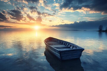 Wall Mural - Serene Sunset Landscape with Small Boat on Calm Water