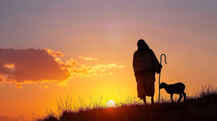 Jesus Christ as a shepherd caring for a single missing lamb in silhouette