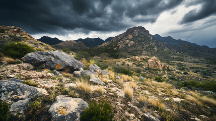 A windswept mountain ridge under a stormy sky with jagged rocks and sparse vegetation clinging to the steep slopes.