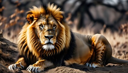 Majestic lion resting with a stunning mane on the ground