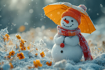 Wall Mural - a snowman using a sun umbrella to avoid melting, but still sweating. concept of winter humor and abs