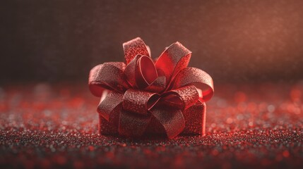 Sticker - Red Gift Box with Glittering Bow on Sparkly Surface