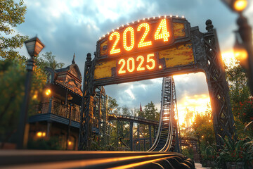 Wall Mural - a roller coaster ride where the track dips under a banner reading 