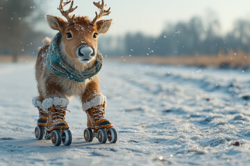 Wall Mural - A reindeer wearing roller skates, struggling to stay upright on icy ground. Concept of holiday humor and clumsy situations.