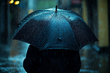 Canvas Print - A person trying to use a broken umbrella in heavy rain, clearly struggling and unhappy. Concept of weather-related problems and inadequate solutions.