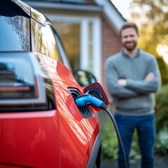 Wall Mural - Owner charging his electric car at a home charging station