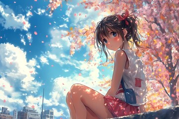 Wall Mural - Anime girl with brown hair and red bow sitting under a cherry blossom tree