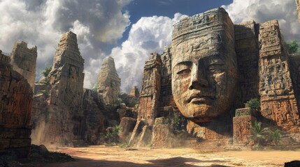 Wall Mural - Ancient Stone Temple Complex with Carved Face