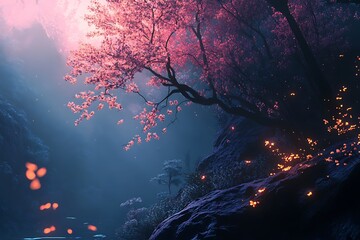 Wall Mural - Fantasy forest with glowing flowers and a pink blossom tree in the mist