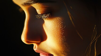 Sticker - Close-up of a Woman's Face with Golden Skin and Long Eyelashes