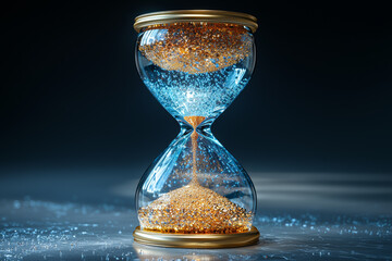 Poster - A giant hourglass filled with sand, but instead of sand, it's running out of water droplets, symbolizing the depletion of natural resources.