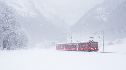 Wall Mural - Switzerland's red Swiss train moving through the snow