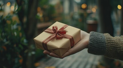 Wall Mural - Closeup of a Hand Holding a Wrapped Gift with a Red Bow