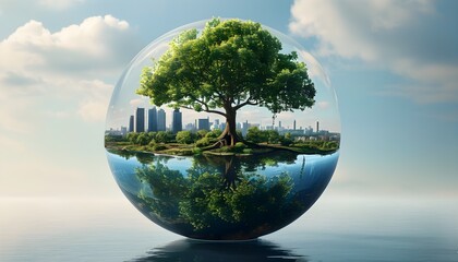 Harmony of Nature and Urban Life: A Floating Half-Globe Featuring a Lush Tree and Vibrant Cityscape