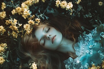 Wall Mural - Sleeping woman in flower field, dreamy and surreal.  Perfect for fairy tale, fantasy, or romantic design concepts.