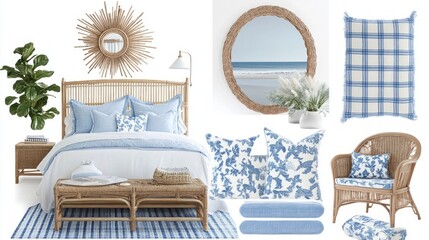 Bright and airy master bedroom mood board for a beach house featuring a blue and white palette with rattan furniture and tropical accents