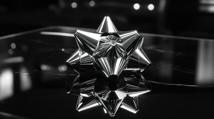 Canvas Print - A Shiny Silver Bow with a Starburst Shape Resting on a Black Surface