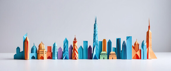 Wall Mural - Illustrative depiction of a cityscape or skyline made of paper and designed against a bright background