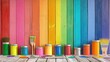 © Nijat - Context of ideas for remodeling and home improvement. A rainbow-colored painted wooden wall, complete with paintbrushes, paint cans, and color palettes. three-dimensional illustration