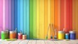 © Nijat - Context of ideas for remodeling and home improvement. A rainbow-colored painted wooden wall, complete with paintbrushes, paint cans, and color palettes. three-dimensional illustration