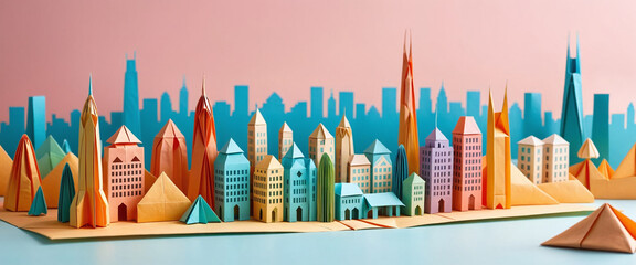 Wall Mural - Illustrative depiction of a cityscape or skyline made of paper and designed against a bright background