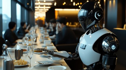 Wall Mural - A humanoid robot serving food in a futuristic restaurant setting.