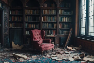 Sticker - Abandoned library with red armchair and bookshelves. Concept of forgotten knowledge, lost history, and nostalgia.